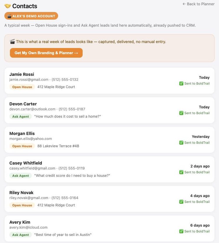 Studio4Agents contacts list with open house sign-ins and Ask Agent questions, each marked as sent to the CRM