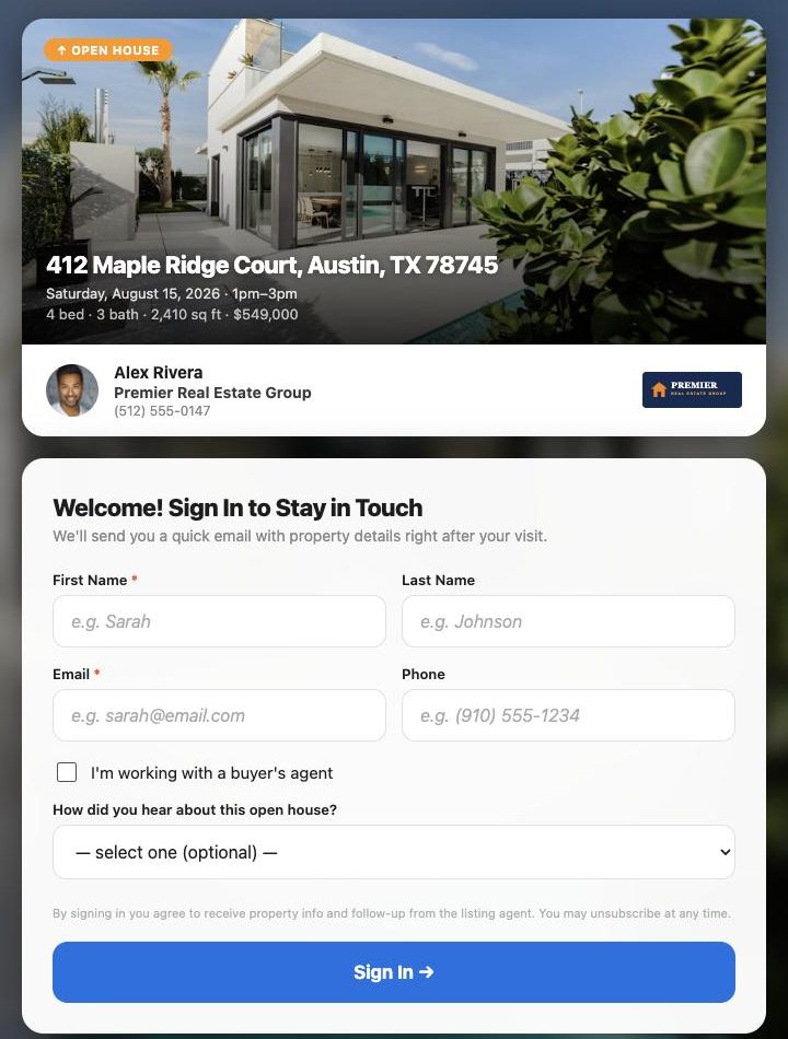Studio4Agents open house sign-in kiosk showing the property, the agent and a visitor sign-in form