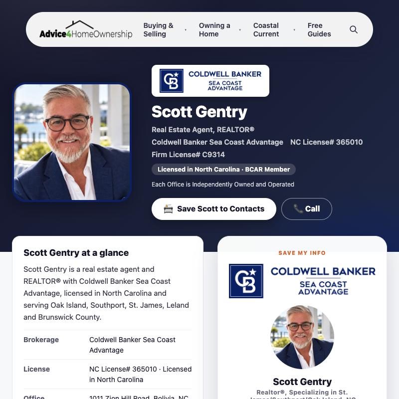 An agent’s public profile page on Advice4Homeownership showing brokerage, license and areas served
