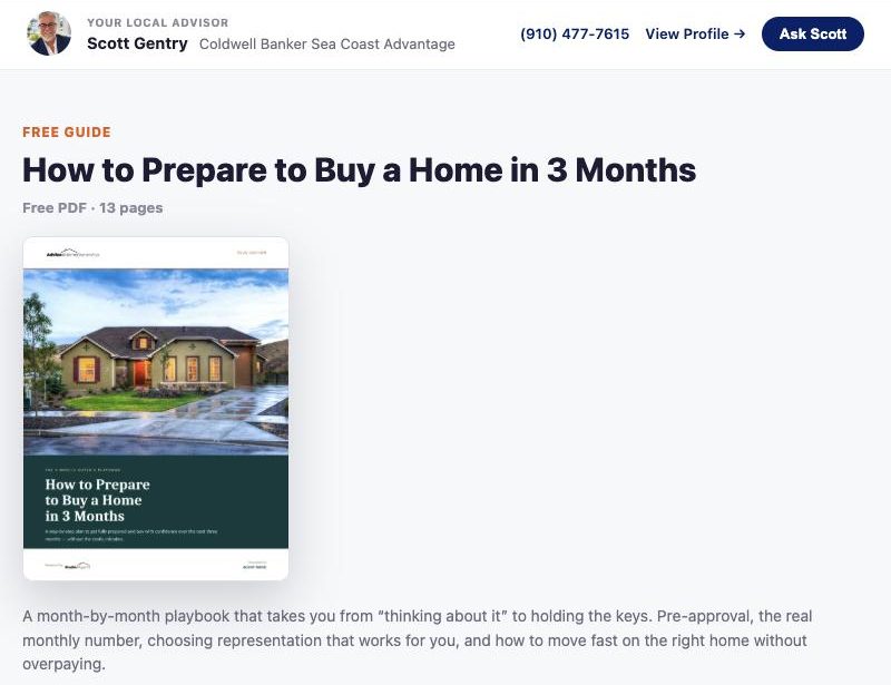 A free guide page on Advice4Homeownership showing the agent’s name, brokerage, phone number and an Ask button