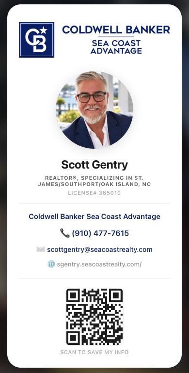 An agent’s digital business card with brokerage logo, photo, license number, contact details and a QR code